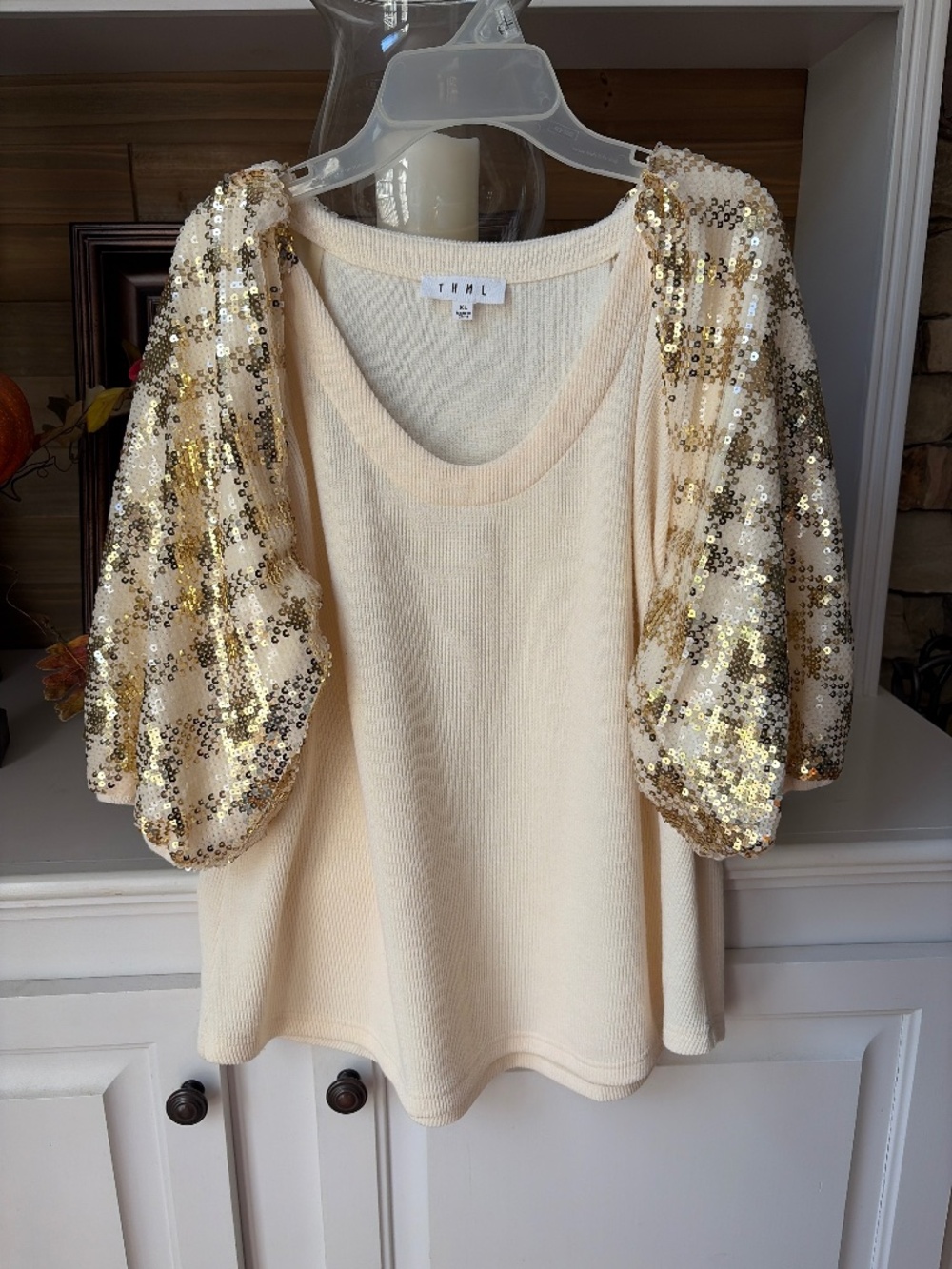 THML cream shirt with gold/cream sequin sleeves